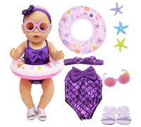 8 Pcs Baby Doll Clothes 14-18 Inch Swimming Baby Doll, Purple Mermaid Doll Swimsuit Set with Doll Swimming Outfit Swimming Ring Sunglasses Shoes Starfish for 35-45 cm New Baby Dolls, Gifts for Kids