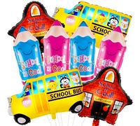 8 PCS Back to School Decorations, School Bus House Blue Pencil Pink Pencil Foil Balloon, Back to School Balloons for Welcome Back to School Party Decorations First Day of School Decorations