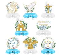 8 PCS Baptism Decorations First Holy Communion Honeycomb Centerpieces Eucharist God Bless Table Topper Christening Cross Dove Decoration for Baby Shower Baptism Party Decor Religious Supplies