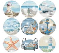 8 PCS Beach Diamond Art Coasters Kits with Holder, Starfish Diamond Painting Coasters Kits for Adults, DIY 5D Full Drill Rhinestone Art Craft Supplies 4X4 Inch