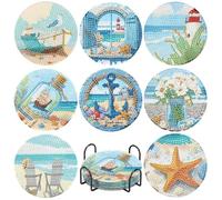 8 Pcs Beach Diamond Art Painting Coasters Kits,Coaster with Holder for Adults, Non-Slip DIY Dot Paint Craft Kits,5D Full Drill DIY Diamond Dot Gem Art Kit Home Decor Arts Craft
