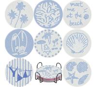 8 Pcs Beach Diamond Art Painting Coasters Kits,Sea Coaster with Holder for Adults, Non-Slip DIY Dot Paint Craft Kits,5D Full Drill DIY Diamond Dot Gem Art Kit Home Decor Arts Craft