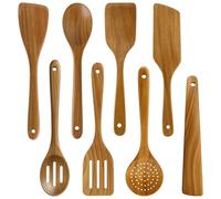 8 Pcs Best Acacia Wood Kitchen Utensil Set Wooden Spoons for Cooking Wok Turner Spatulas Bamboo Non Toxic Cooking Utensils Scraper Spurtle Kitchen Slotted Cooking Spoon Flat Egg Flipper Spatula Set