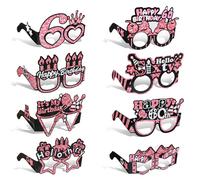 8 Pcs Birthday Party Eyeglasses, 60th Pink Birthday Paper Sunglasses Decoration Happy Birth Photo Booth Props Supplies Hello Birthdays Women Girls Party Favors Decors Gift(60th)