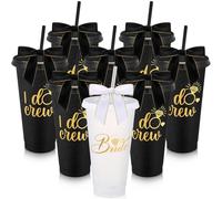 8 Pcs Bridesmaid Plastic Tumbler with Straw Lid and Twist Bow 24 oz I Do Crew and Bride Reusable Tumbler Bridal Party Proposal Gifts Bachelorette Party Gifts for Wedding Bridal Bridesmaids(Black)