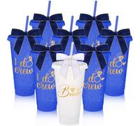 8 Pcs Bridesmaid Plastic Tumbler with Straw Lid and Twist Bow 24 oz I Do Crew and Bride Reusable Tumbler Bridal Party Proposal Gifts Bachelorette Party Gifts for Wedding Bridal Bridesmaid(Dark Blue)