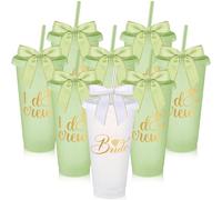 8 Pcs Bridesmaid Plastic Tumbler with Straw Lid and Twist Bow 24 oz I Do Crew and Bride Reusable Tumbler Bridal Party Proposal Gifts Bachelorette Party Gifts for Wedding Bridal Bridesmaid(Green)