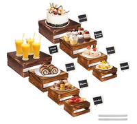 8 Pcs Buffet Risers with Mini Signs, Rustic Wood Cake Stands, Food Risers for Buffet Table, Dessert Display Stand, Wood Crates, Rustic Cake Stand for Party, Wedding, Birthday, Baby Shower, 4 Sizes