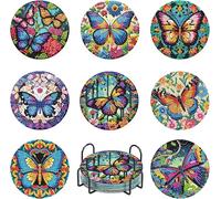 8 Pcs Butterfly Diamond Art Coasters Kits with Holder, DIY Butterfly Diamond Painting Coasters Mosaic Kits for Adults, Round Non Slip Coaster Crafts for Tabletop Protection and Gifts