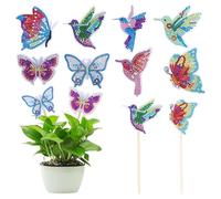 8 Pcs Butterfly Diamond Art Kits Painting Stake for Flowerpot, Butterfly and Hummingbird Diamond Art Kits for Garden Decor, Diamond Art Stakes for Diamond Art Club Beginners-Hummingbird Butterfly