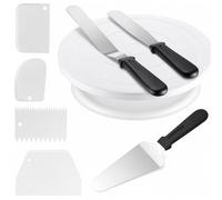 8 Pcs Cake Decorating Kit with 1 Rotating Cake Stand, 3 Palette Knives & 4 Icing Smoothers, Professional White Baking Turntable Set for Beginners & Pros