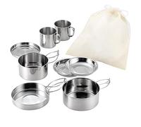 8 PCS Camping Cookware Set Stainless Steel Pots Pans Plates Cups Cooking for 2-3 People Portable Soup Coffee Water