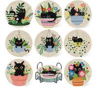 8 Pcs Cat Diamond Art Coasters Kit with Holder, Cat Diamond Painting Coasters Complete Kit, Gem Art Coaster for Women, Teens and Beginners, Relaxing DIY Craft Gift
