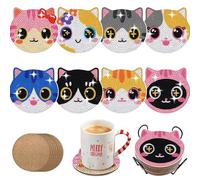 8 Pcs Cat Diamond Art Coasters Kits with Holder, DIY Cat Diamond Painting Coasters Kits for Adults Kids Beginners, Round Non Slip Coaster Crafts for Tabletop Protection and Holiday Decor Gifts