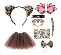 8 Pcs Cheetah Costume Set with 1Pcs Leopard Ears Headband,1Pcs Bow Tie,1 Pair of Golves,1Pcs Tail,1Pcs Tutu Skirt,1Pcs Face stickers and 2Pcs tattoo decals for Animal Costume Kids Theme Party