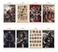 8 PCS Christ Crusader Armor Warrior Tapestry Banner Wall Hanging Picture Vintage Knights Templar Posters and Prints Canvas Scroll Painting with Solid Wood Axis (30X45 CM)