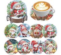 8 Pcs Christmas Diamond Art Coasters Kits with Holder, 5D DIY Santa Claus Diamond Pinting Coaster Acrylic Non Slip Coaster with Cork Pads for Tabletop Protection 10×10 CM