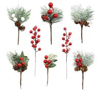 8 Pcs Christmas Picks Artificial Red Berry Stems Pine Needles Branches Pine Cones Acorn Holly Stem Winter Floral Picks Snow Covered for Christmas Tree DIY Crafts Garland Wreath Gift Decoration