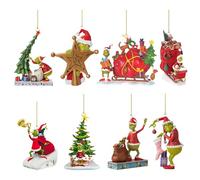 8 PCS Christmas Tree Ornament, Funny Santa Hanging Decoration, Flat Acrylic Xmas Theme Pendant Gift