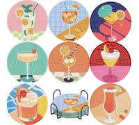 8 Pcs Cocktail Diamond Art Coasters Kits with Holder, DIY Retro Cocktail Diamond Painting Coasters Mosaic Kits for Adults, Round Non Slip Coaster Crafts for Tabletop Protection and Gifts