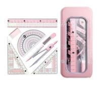 8 PCS Compass Maths,Pink Geometry Set With Transparent Case, 360 Protractor, Compass, Ruler & Maths Tools For School Exam Stationery