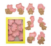 8 Pcs Cookie Cutter Stamp Plastic Forest Animal Cookie Cutters with Plunger Stamps Set 3D Forest Animal Fun Biscuits Mould Set for Cookie Dough, Pastry, Donut, Fondant (Pink)