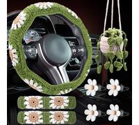 8 Pcs Crochet Car Accessories Set Handmade Steering Wheel and Belt Cover, Hanging Cute Plants and Air Vent Clip for Women Man Inter Decorations Protect the steering wheel