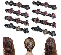 8 Pcs Crystal Braided Hair Clips, Sparkling Rhinestone Four Leaf Clover Double Layer Hair Clips, Floral Hairpin Duckbill Clip, Satin Fabric Hair Bands Side Clamp Hair Clip for Women Girls