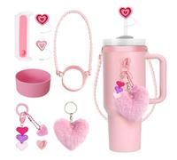 8 PCS Cup Accessories Set for Stanleys Cups 40oz 30oz Tumbler, Siliocne Carrier Straps, Heart Straw Covers for 10mm Straws, Stanley Cup Boot, Lipstick Holder, Fuzzy Charms (Pink)