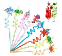 8 Pcs Curly Hard Straws, Reusable Drinking Straws Marine Animals Summer Straw,Kids Novelty Birthday Party Decorations Cartoon Straw Supplies Family Reunion/Kids Party Birthday Decor Supplies