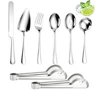 8 PCS Cutlery Serving Set Large, Stainless Steel Serving Utensils Include Serving Spoon,Slotted Spoon,Fork,Soup Ladle,TongsCake Server and Bread Knife (Silver)