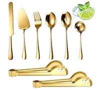 8 PCS Cutlery Serving Set Large, Stainless Steel Serving Utensils Include Serving Spoon,Slotted Spoon,Fork,Soup Ladle,TongsCake Server and Bread Knife (Gold)