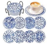 8 PCS Diamond Art Coasters Blue Watercolor Diamond Painting Coasters Kits with Holder Indigo Blue DIY Diamond Art Coasters,Diamond Painting Kits for Beginners Adults Kids Diamond Art Crafts Supplies