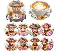 8 PCS Diamond Art Coasters Cow Diamond Painting Coasters Kits Highland Cow Flowers with Holder Cork Pads DIY for Beginners, Adults, Diamonds Art Crafts Supplies 4x4 in
