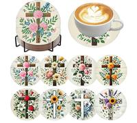 8 PCS Diamond Art Coasters Cross Diamond Painting Coasters Kits Christ Cross Flowers with Holder Cork Pads DIY for Beginners, Adults, Religion Diamonds Art Crafts Supplies 4x4 in
