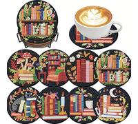 8 Pcs Diamond Art Coasters Kit Bookshelf- DIY 5D Mini Diamond Painting Coasters with Holder, Small Diamonds Arts Kits for Adults Coaster, Gem Art Arts and Crafts for Adults
