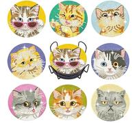 8 Pcs Diamond Art Coasters Kits with Holder,5D DIY Cat Diamond Painting Coasters,Round Full Drill Arts and Crafts for Kids Adults and Beginner,Non Slip Coaster Crafts for Home Decor