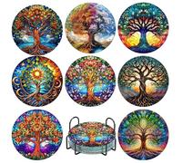 8 Pcs Diamond Art Coasters Kits with Holder, DIY Tree of Life Diamond Painting Coasters for Adults Beginners, Round Non Slip Coaster Crafts for Tabletop Protection and Gifts 10x10cm