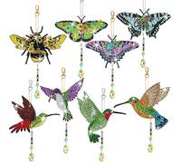 8 Pcs Diamond Art Painting Wind Chimes, FineGood 5D Sun catchers for Windows Butterfly Brid Bee DIY Crystal Suncatcher Hanging Ornament with Pendant for Indoor Home Garden Decor
