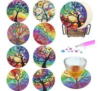 8 PCS Diamond Painting Coasters Kit with Holder, DIY Colorful Tree Art Coasters for Adults Beginners, Round Full Drill Set Art and Crafts Gifts