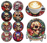 8 Pcs Diamond Painting Coasters,Skull Diamond Painting Kits,Skull Diamonds Art Coasters,5D DIY Full Drill Diamonds Dots Art Kits for Adults Arts and Crafts Supplies