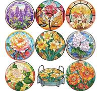 8 Pcs Diamond Painting Coasters with Holder,Flower Gem Art Coasters for Beginners,Stained Glass Adults Diamond Painting Kit