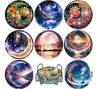 8 Pcs Diamond Painting Coasters with Holder for Drinks, DIY Moon Diamond Art Coasters Kits for Adults Beginners,Full Round Drills Gem Art Kits Craft for Adult Supplies Gifts (Moon).