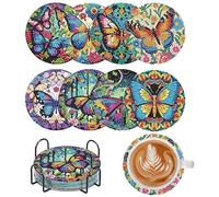 8 Pcs Diamond Painting Coasters with Holder Full Drill 5D DIY Craft Kits for Adults Beginners Kids Home Decor Crystal Art Coasters Sets (Butterfly)