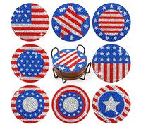 8 Pcs Diamond Painting Coasters with Holder Independence Day American Flag Diamond Painting Coasters Kits for Adults, Diamond Art Kits for DIY Wooden Coasters