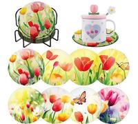 8 Pcs DIY Diamond Art Painting Coaster with Rack,Handmade Acrylic Art for Beginners Stress Reducing Crafts,Colorful Daffodil Butterfly Diamond Coasters for Kitchen Living Room Bedroom Home Party