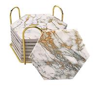 8 Pcs Drink Coasters with Metal Holder Stand, Marble Design Ceramic Coaster Set, Cork Base, for Tabletop Protection, Home Decor, Bar Coasters (Golden)