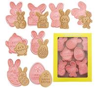 8 PCS Easter Cookie Cutters Set with Plunger Stamps - 3D Plastic Egg and Rabbit Shapes for DIY Baking, Biscuit Decorations, and Festive Easter Treats