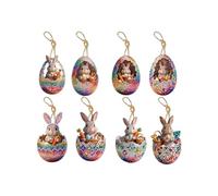 8 Pcs Easter Glitter Hanging Eggs Ornaments, 2D Wooden Cartoon Bunny Multicolor Eggs Hanging Pendants, for Home DIY Craft Holiday Party Decoration (B)
