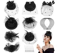 8 Pcs Elegant Fascinator Hats With Black Veil, Feather Lace Flowers, Hairclips & Headbands For Women, Girls, Perfect For Tea Parties, Weddings & Cosplay